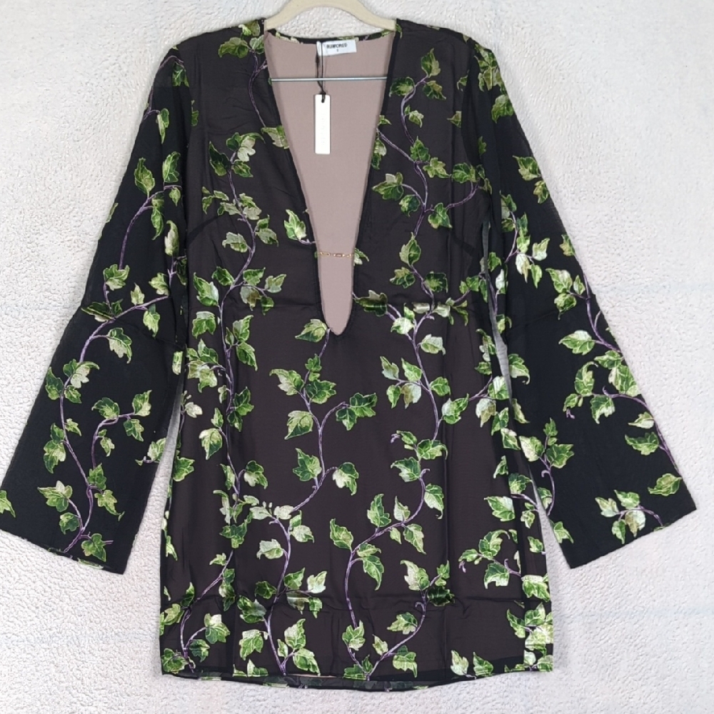 Rumored Women's Sterling Ivy Long Sleeve Plunge Neck Mini Dress Size S - Picture 2 of 7
